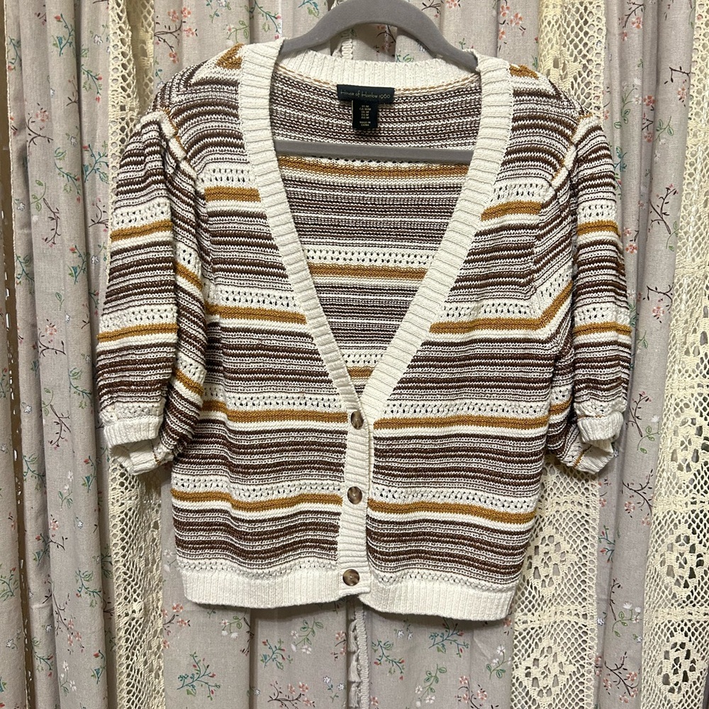 House of Harlow 1960 Crop Puff‎ Sleeve Striped Cardigan Sweater Metallic Medium